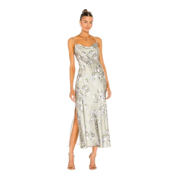 NWT Vince Hazy Blossom Cowl Neck Satin Floral Slip Dress in Celery Women's 2 - Picture 1 of 9